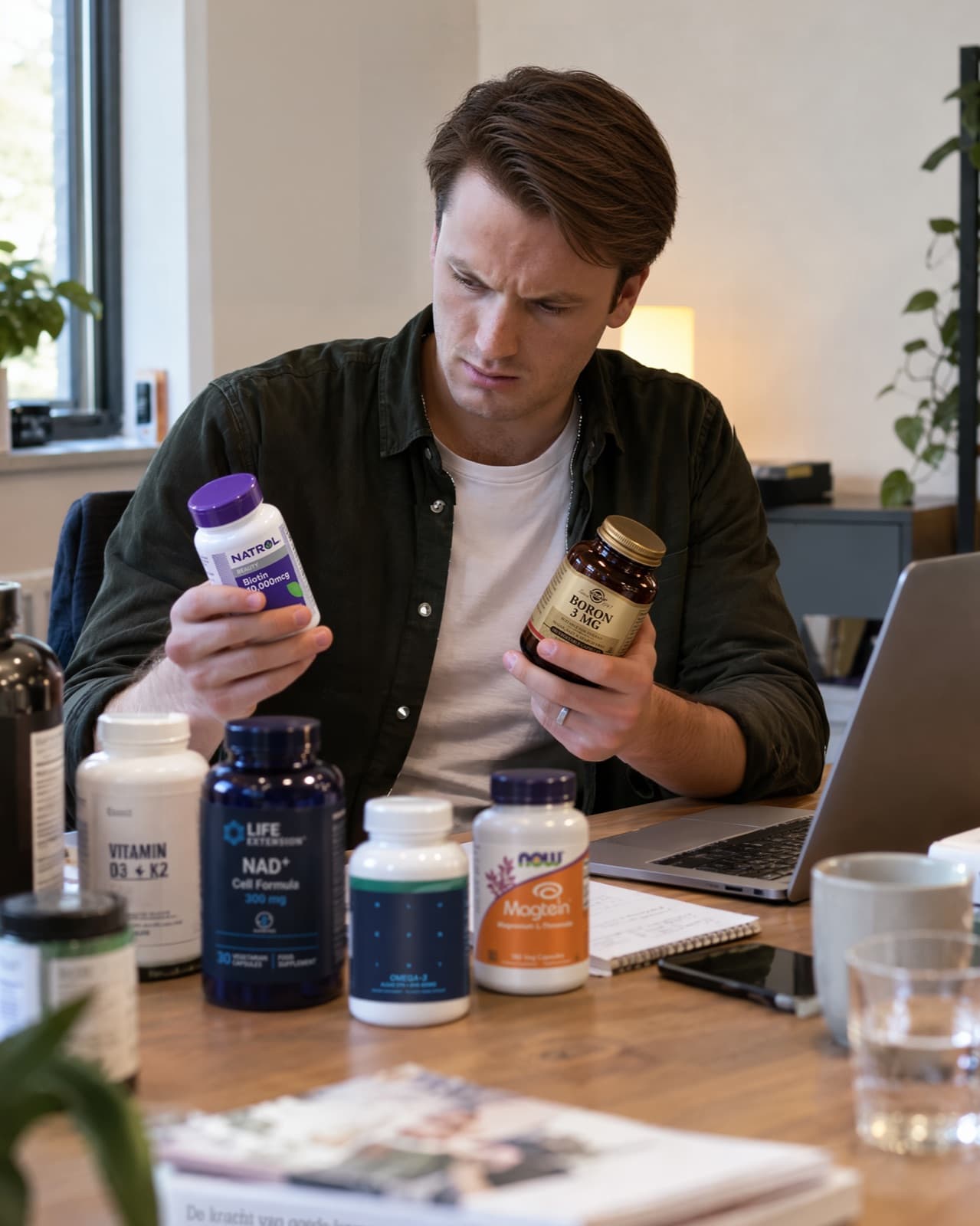 Leo comparing two jars of supplements at his desk